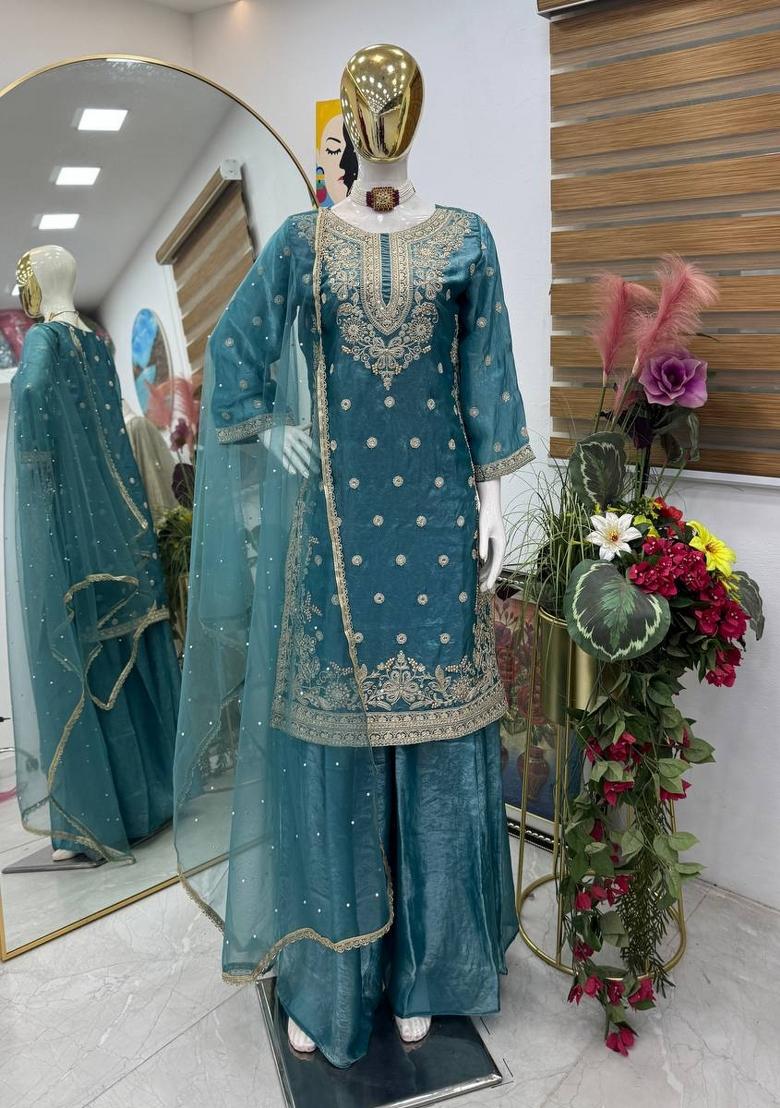 Teal Embroidered Silk Blend Kurta Set - Indya