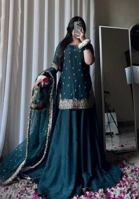 Teal Embroidered Silk Blend Kurta Set