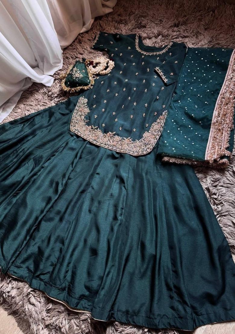 Teal Embroidered Silk Blend Kurta Set - Indya
