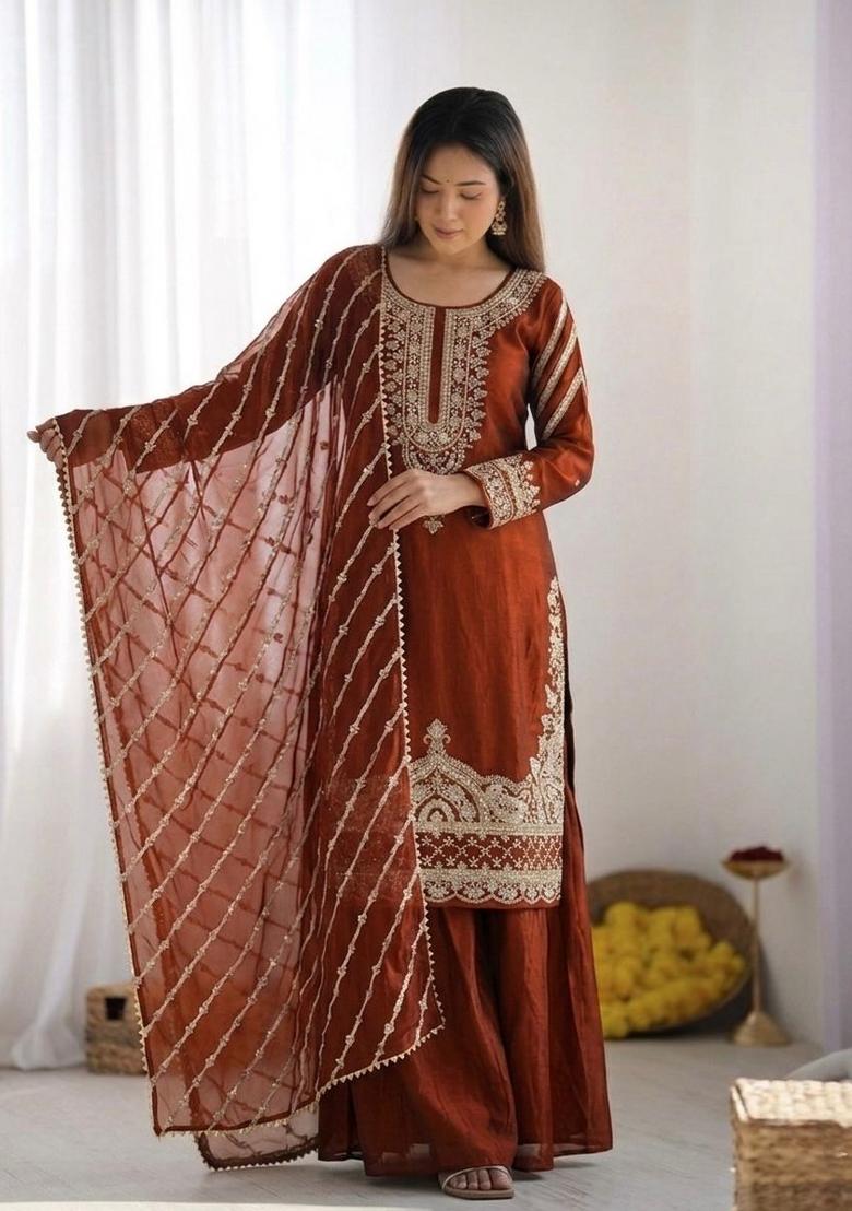 Orange Embroidered Silk Blend Kurta Set - Indya