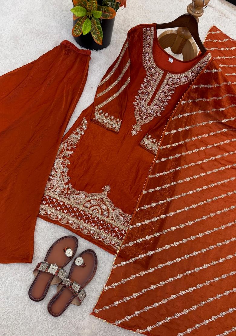 Orange Embroidered Silk Blend Kurta Set - Indya