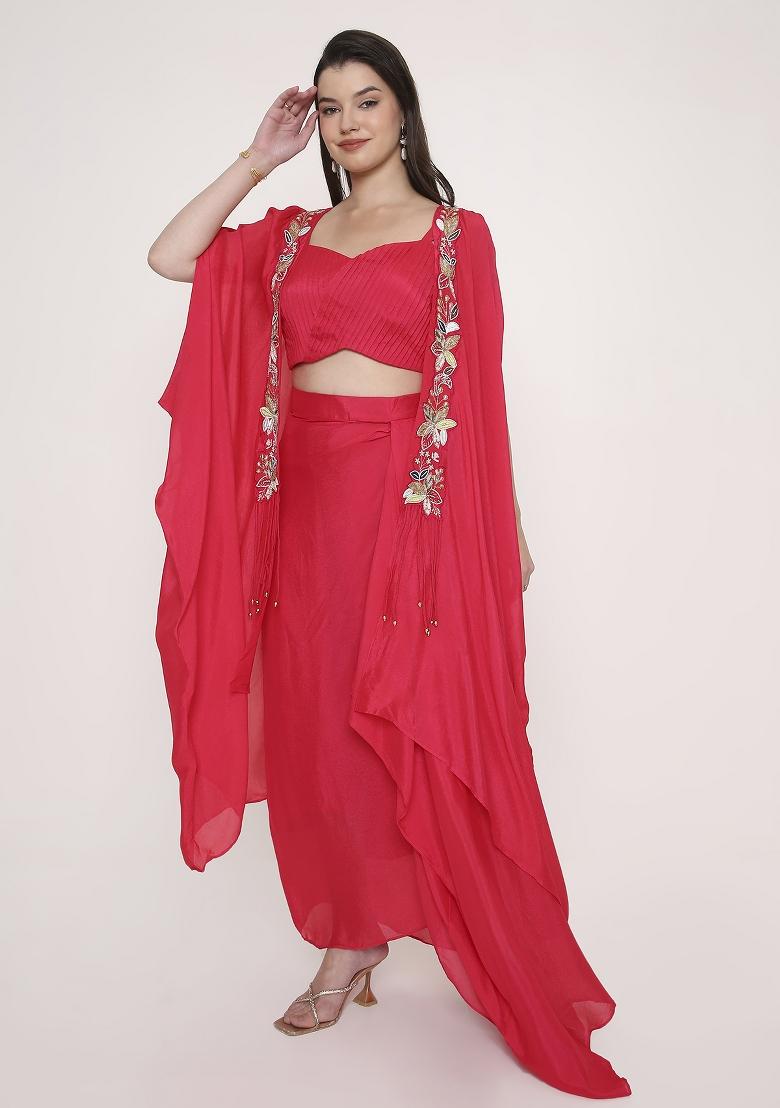 Raspberry Red Embroidered Viscose Kurta Set - Indya