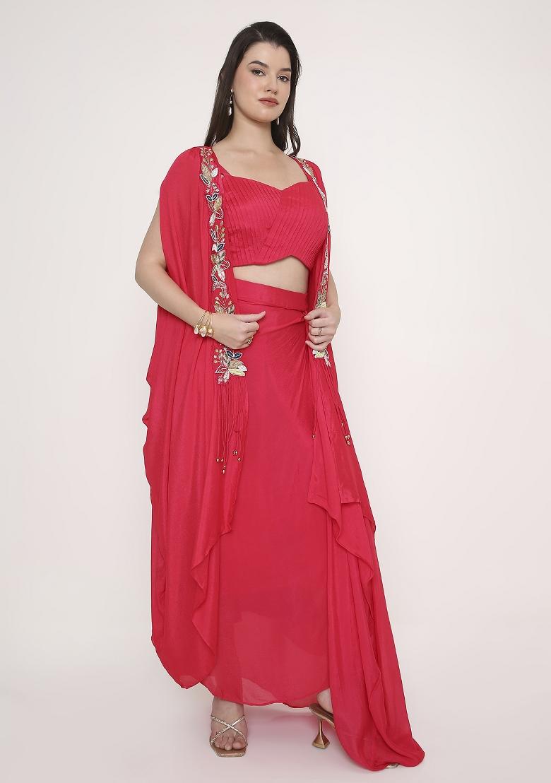 Raspberry Red Embroidered Viscose Kurta Set - Indya