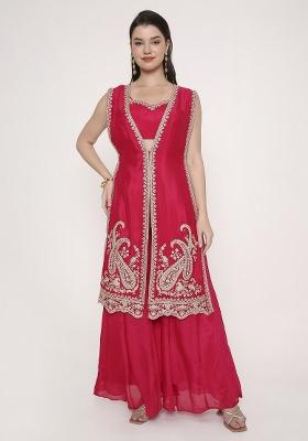 Fuchsia Pink Embroidered Silk Blend Kurta Set