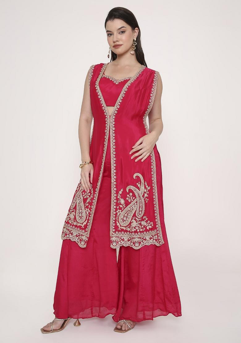 Fuchsia Pink Embroidered Silk Blend Kurta Set - Indya