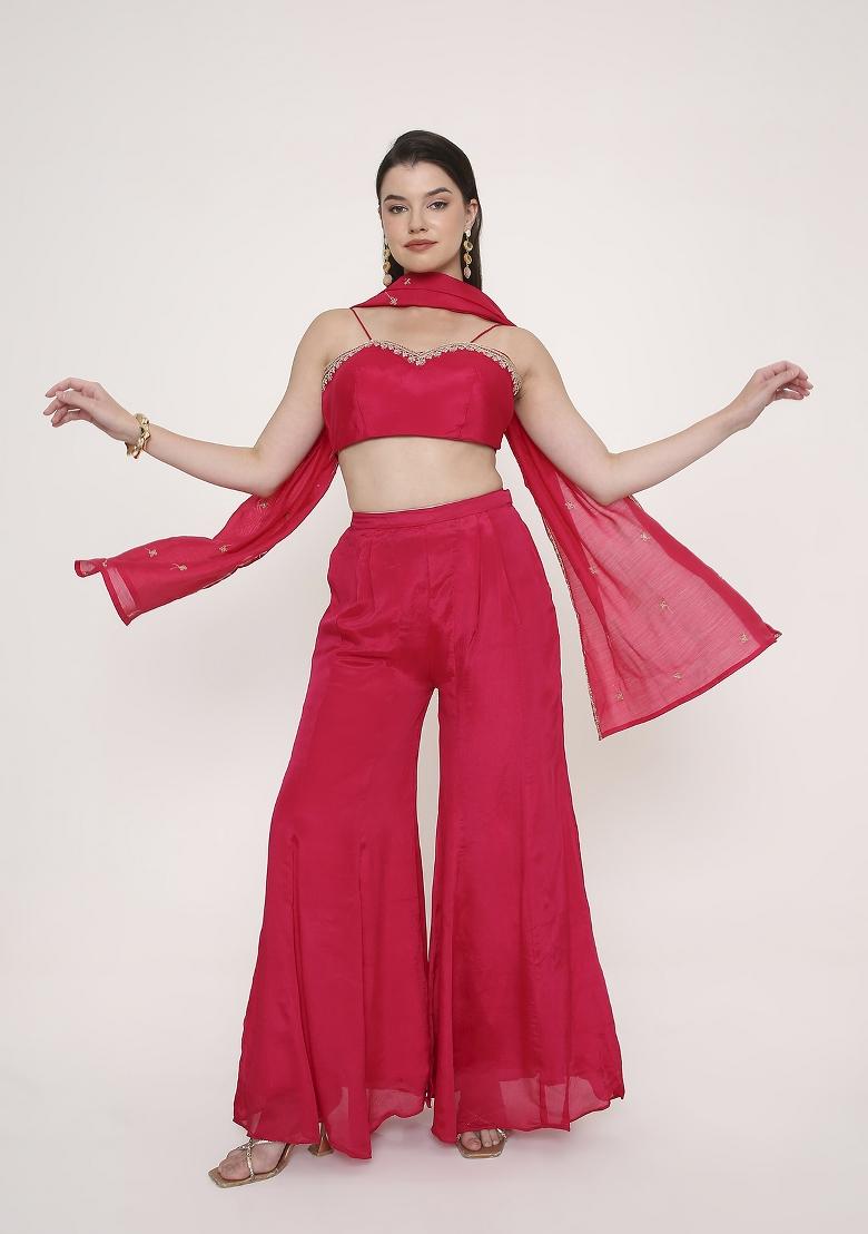 Fuchsia Pink Embroidered Silk Blend Kurta Set - Indya
