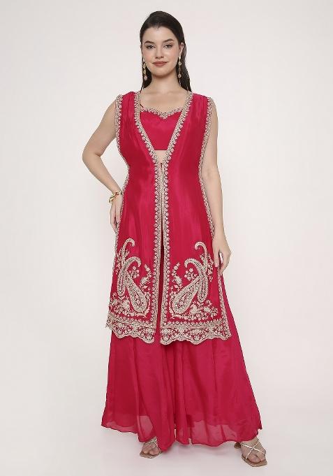 Fuchsia Pink Embroidered Silk Blend Kurta Set