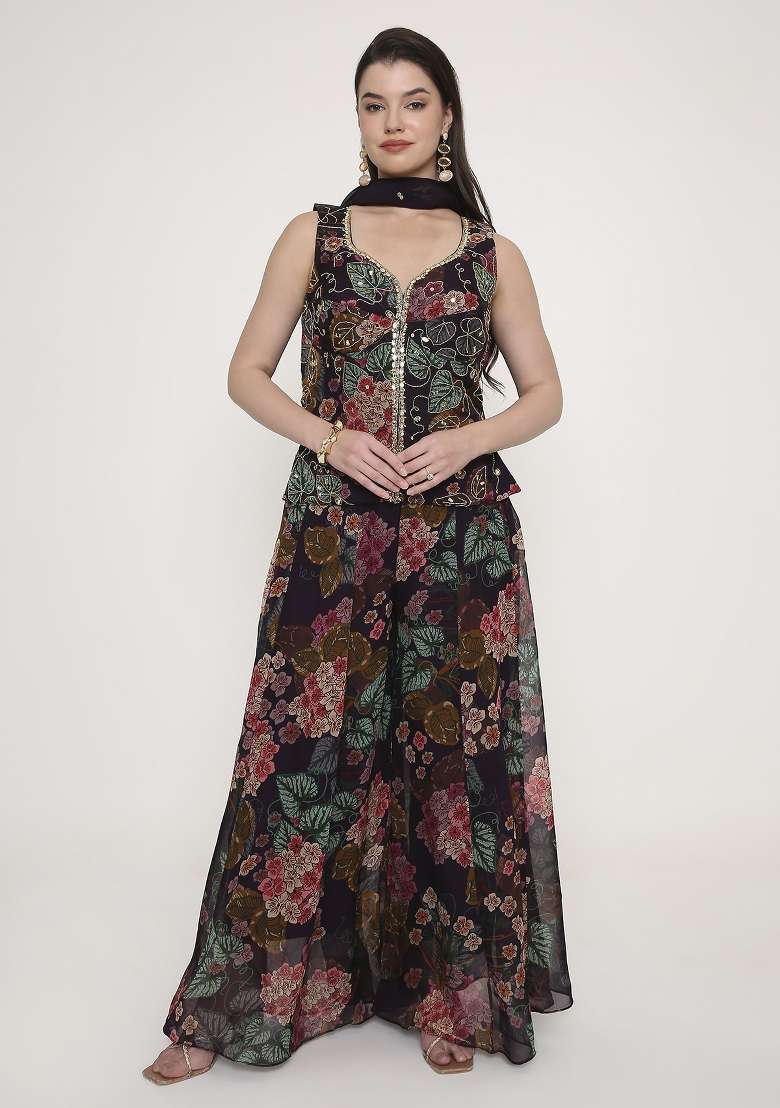 Deep Wine Embroidered Georgette Palazzo Set - Indya