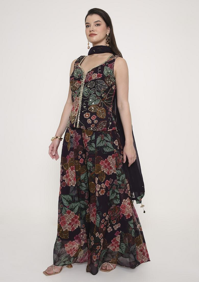 Deep Wine Embroidered Georgette Palazzo Set - Indya