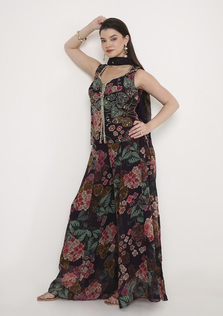 Deep Wine Embroidered Georgette Palazzo Set - Indya