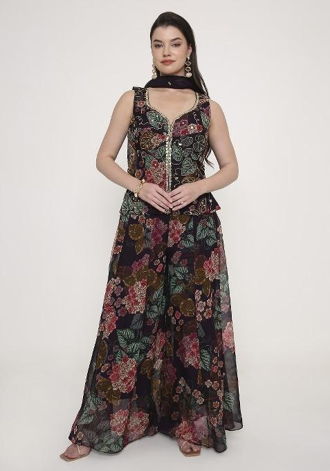 Deep Wine Embroidered Georgette Palazzo Set