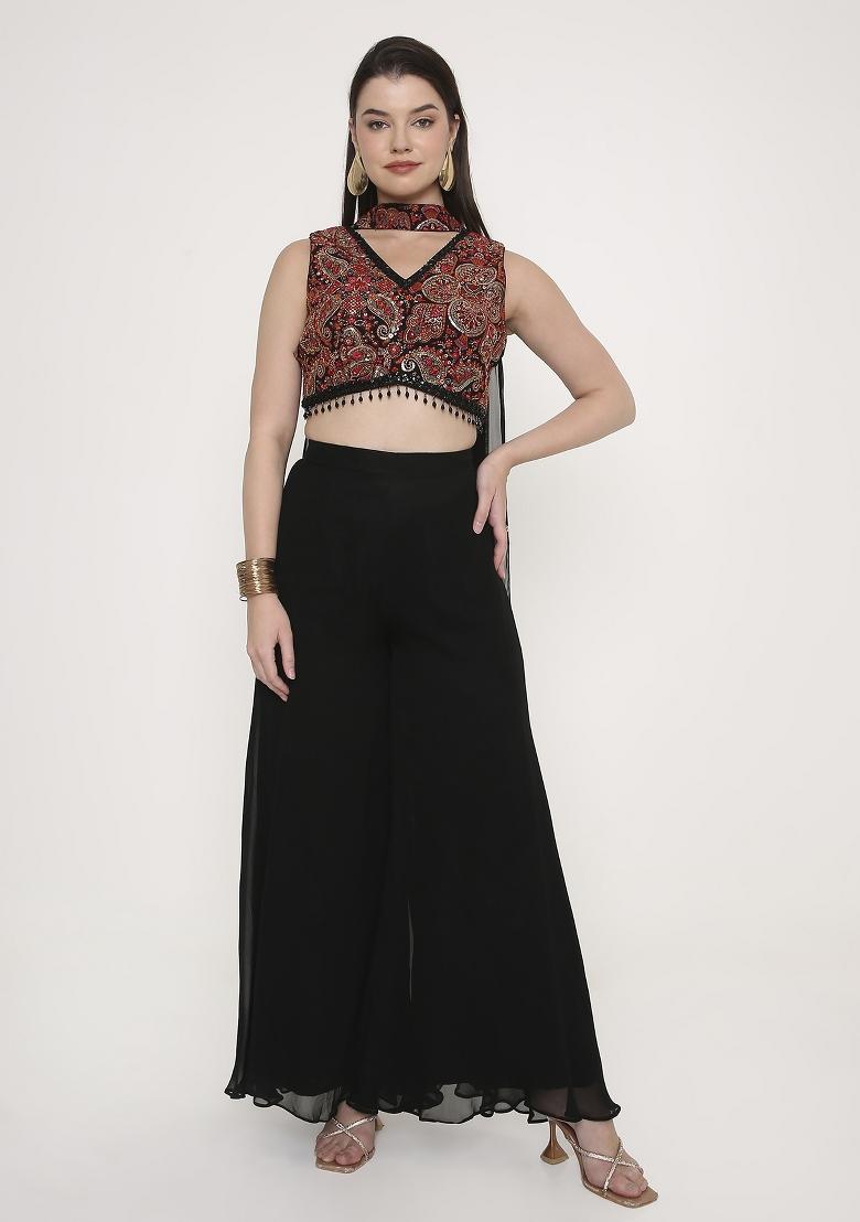 Multicolor Embroidered Georgette Palazzo Set - Indya