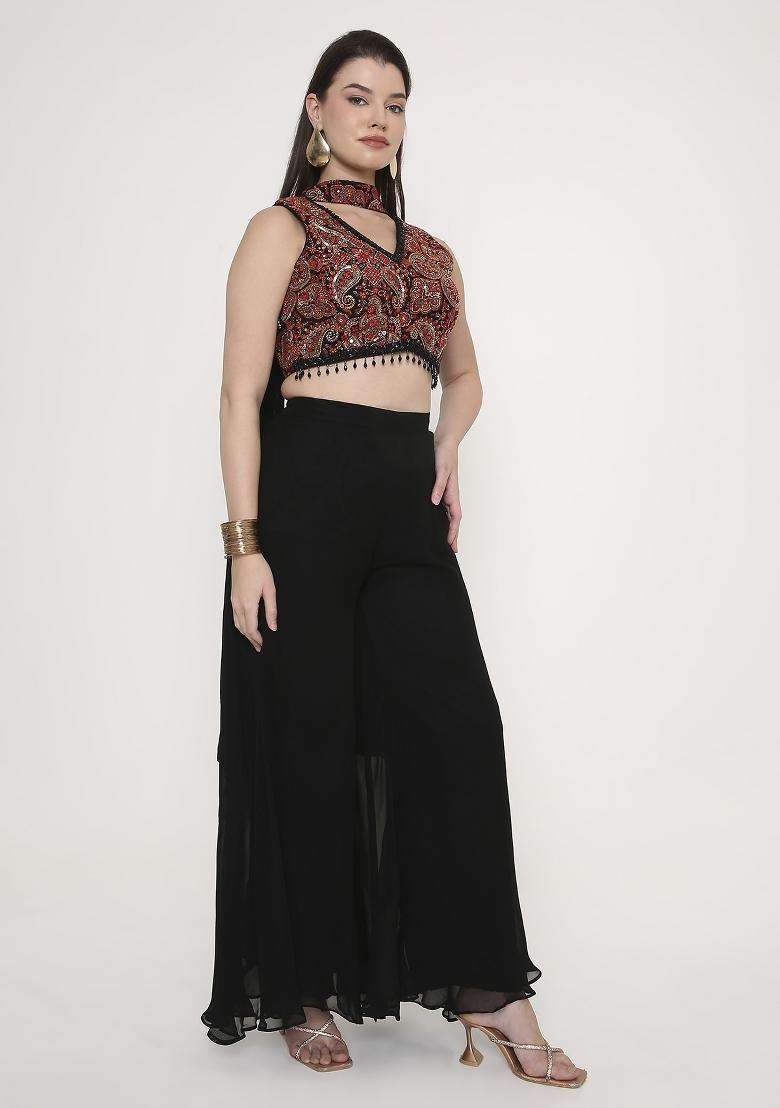Multicolor Embroidered Georgette Palazzo Set - Indya