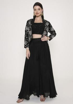 Jet Black Embroidered Georgette Palazzo Set
