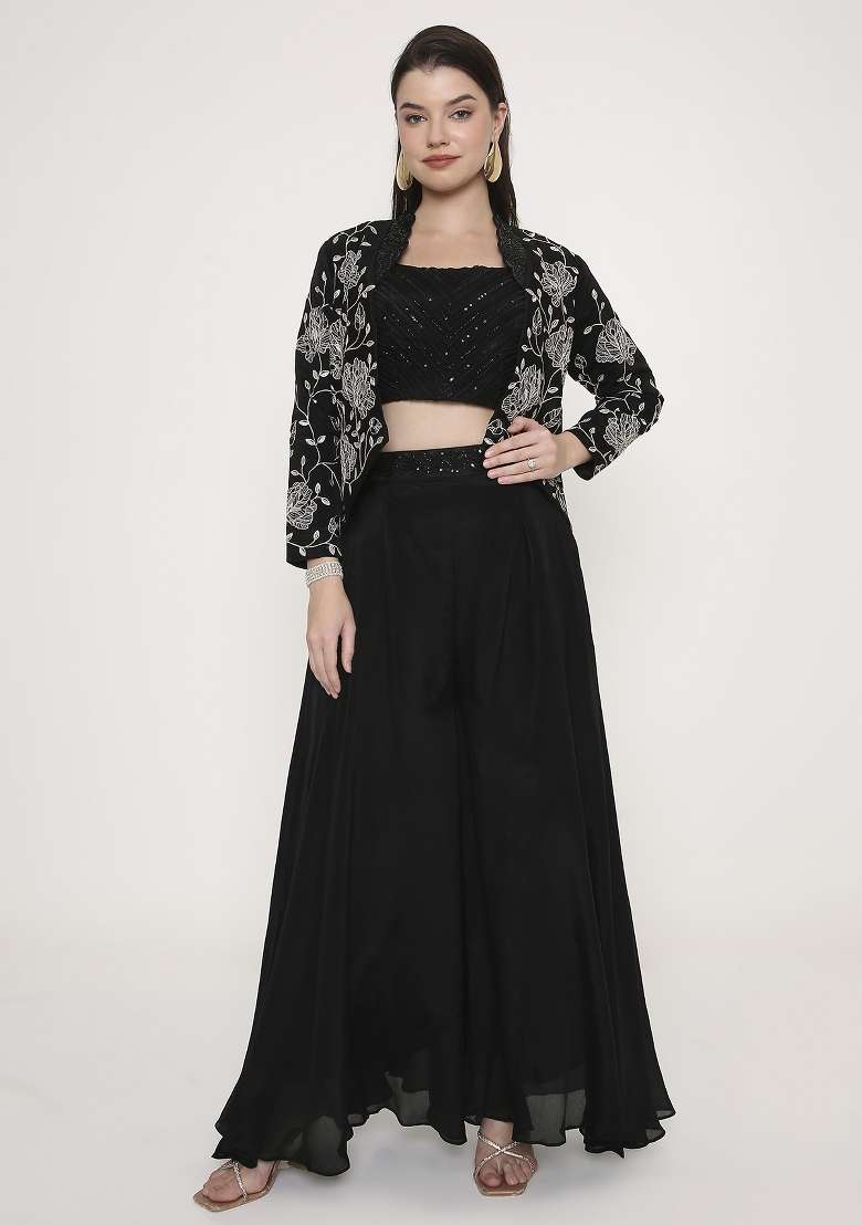 Jet Black Embroidered Georgette Palazzo Set - Indya