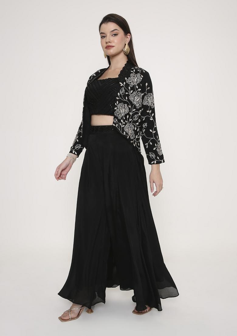 Jet Black Embroidered Georgette Palazzo Set - Indya