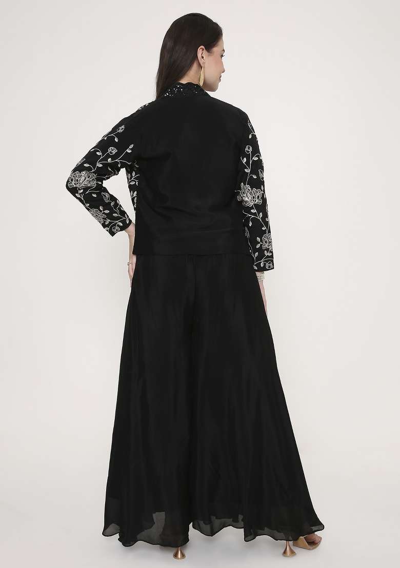 Jet Black Embroidered Georgette Palazzo Set - Indya