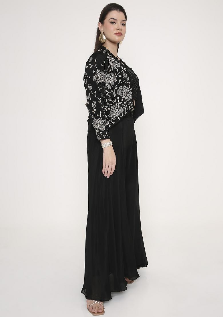 Jet Black Embroidered Georgette Palazzo Set - Indya