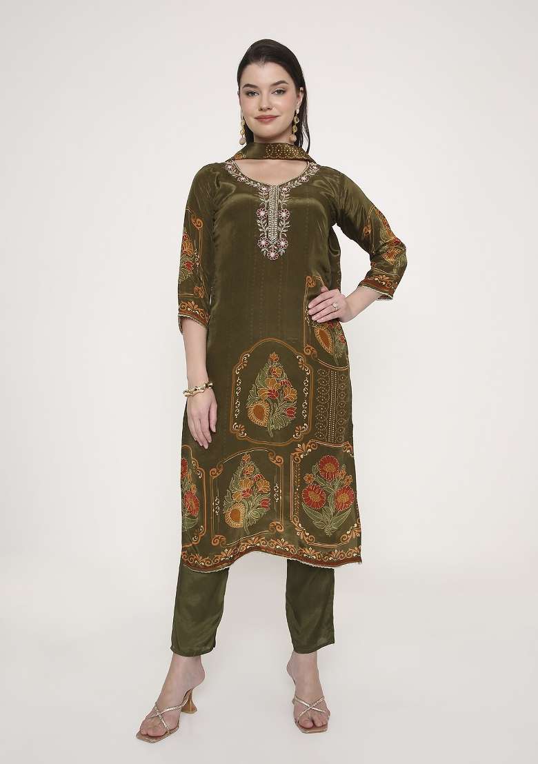 Olive Green  Georgette Kurta Set - Indya