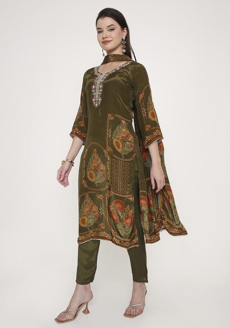 Olive Green  Georgette Kurta Set - Indya