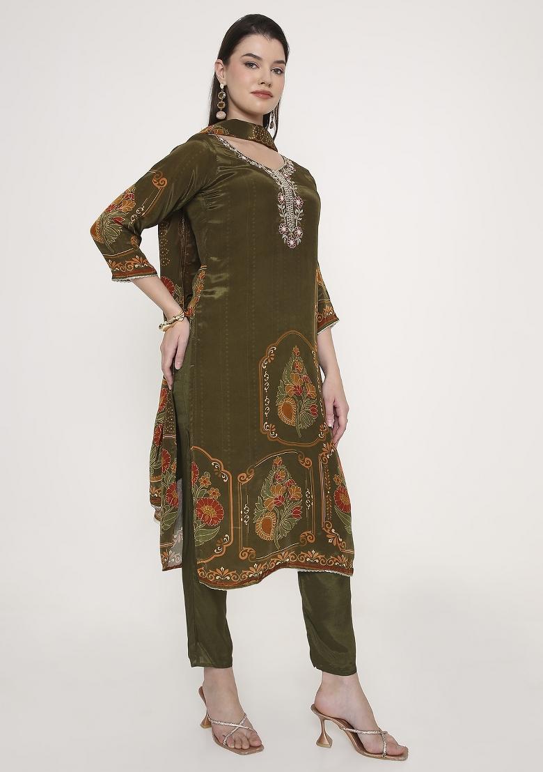 Olive Green  Georgette Kurta Set - Indya