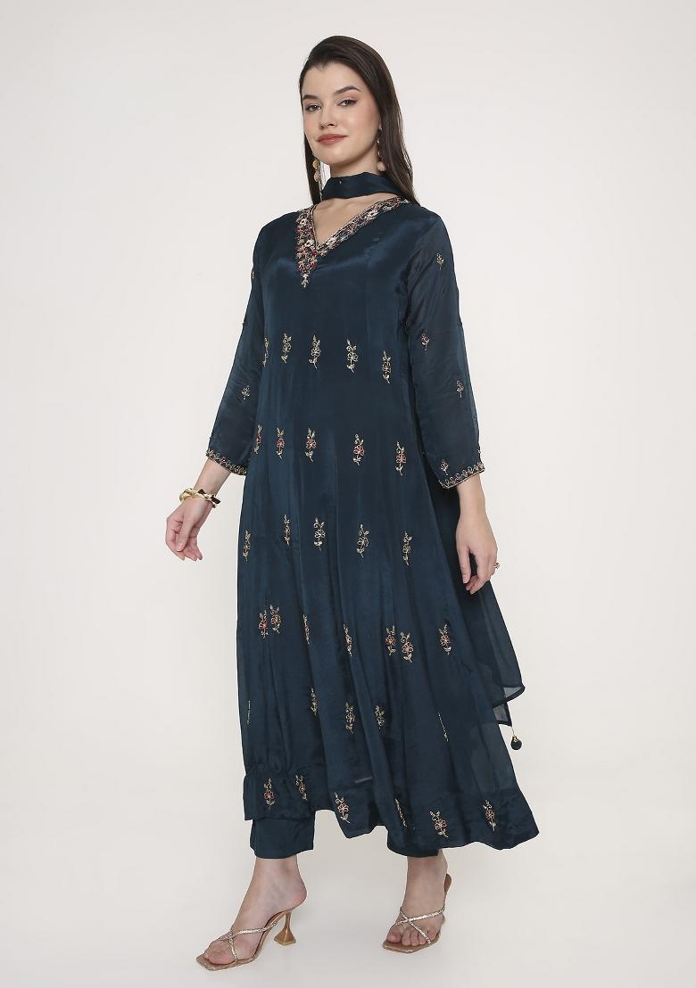 Teal Blue  Georgette Kurta Set - Indya