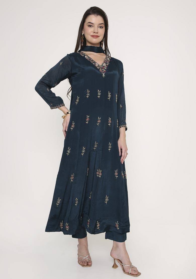 Teal Blue  Georgette Kurta Set - Indya