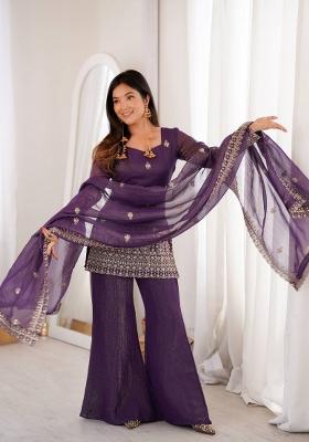Purple&nbsp; Embroidered Silk Palazzo Set