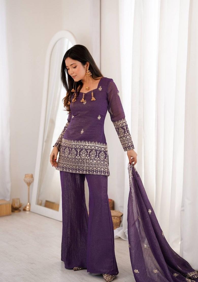 Purple&nbsp; Embroidered Silk Palazzo Set - Indya