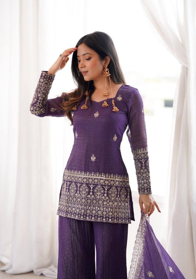 Purple&nbsp; Embroidered Silk Palazzo Set - Indya