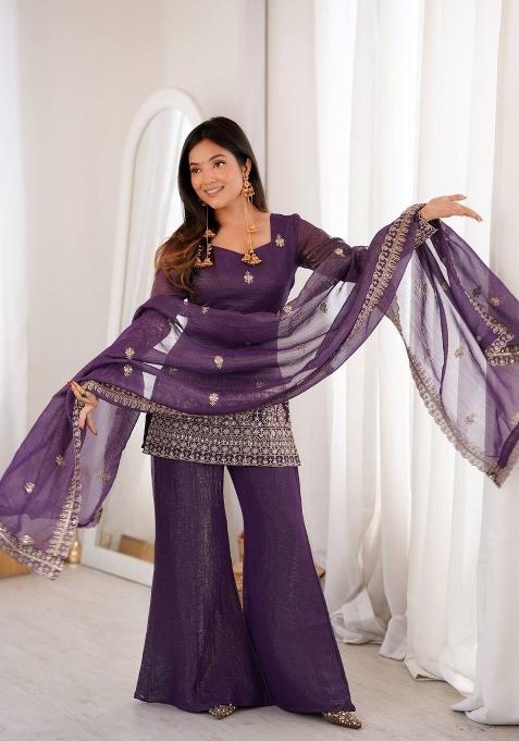 Purple&nbsp; Embroidered Silk Palazzo Set