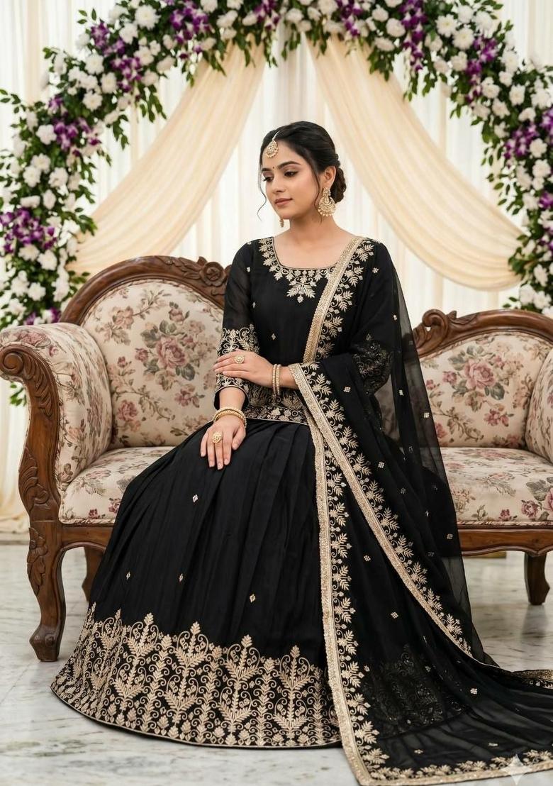 Black Embroidered Silk Sharara Set - Indya