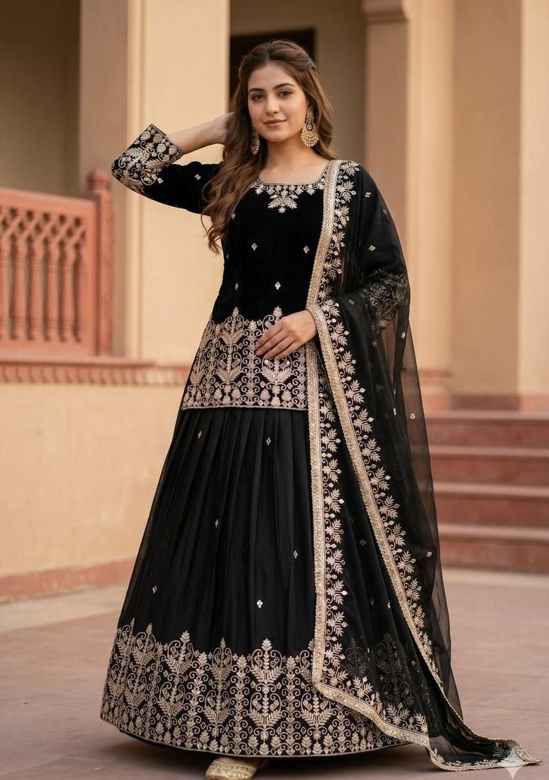 Black Embroidered Silk Sharara Set - Indya