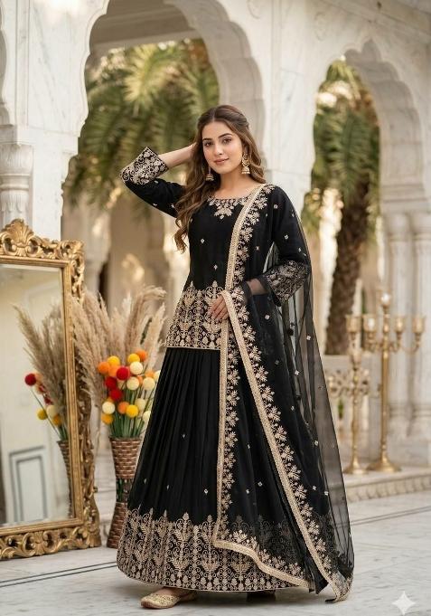 Black Embroidered Silk Sharara Set