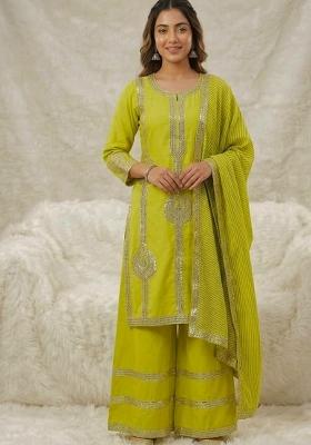 Lime Green Sequin Work Silk Palazzo Set