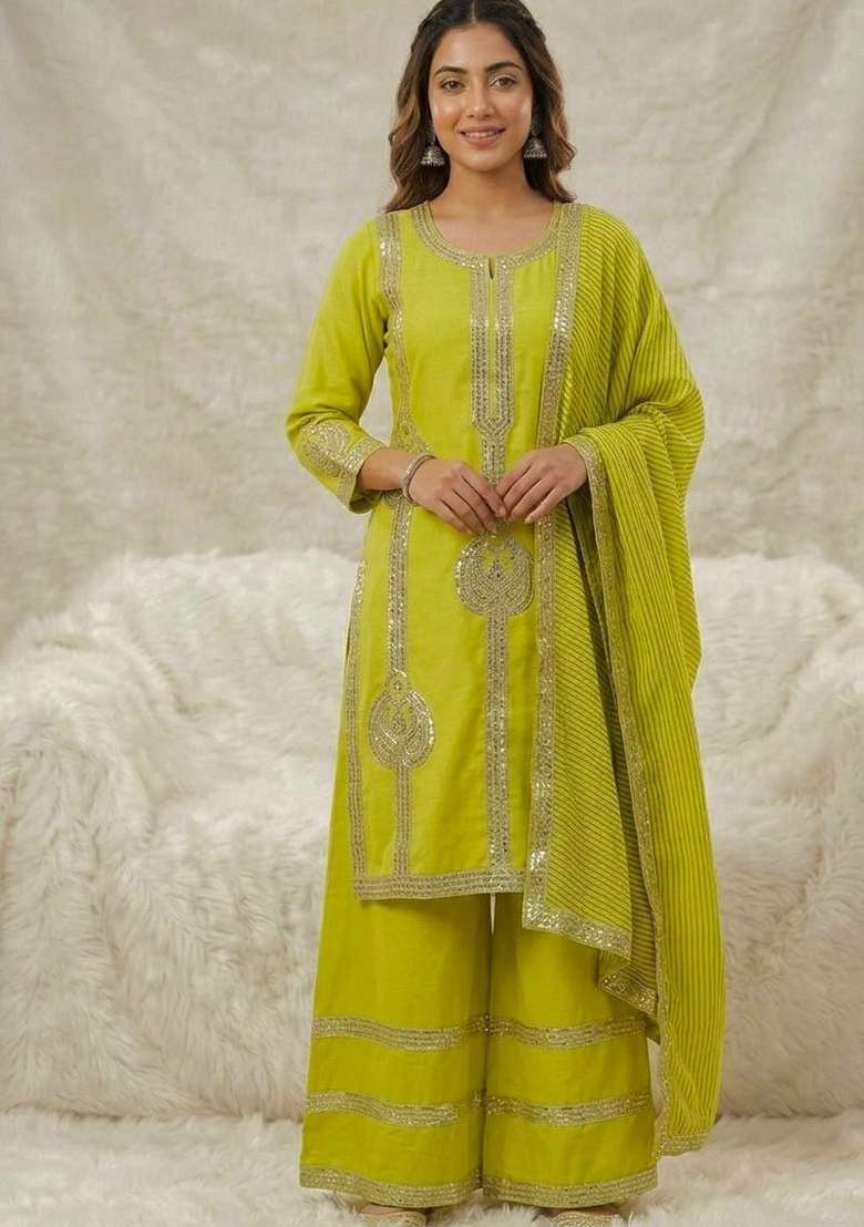 Lime Green Sequin Work Silk Palazzo Set - Indya