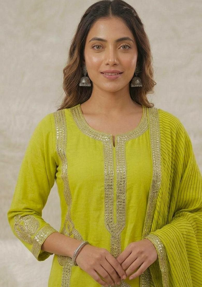 Lime Green Sequin Work Silk Palazzo Set - Indya