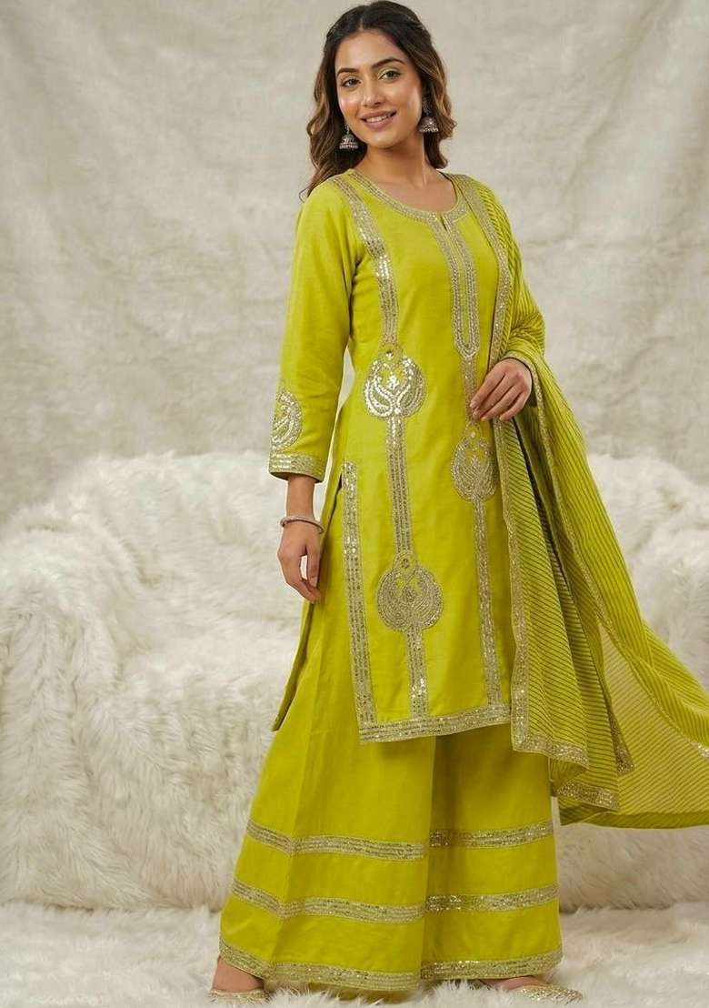 Lime Green Sequin Work Silk Palazzo Set - Indya