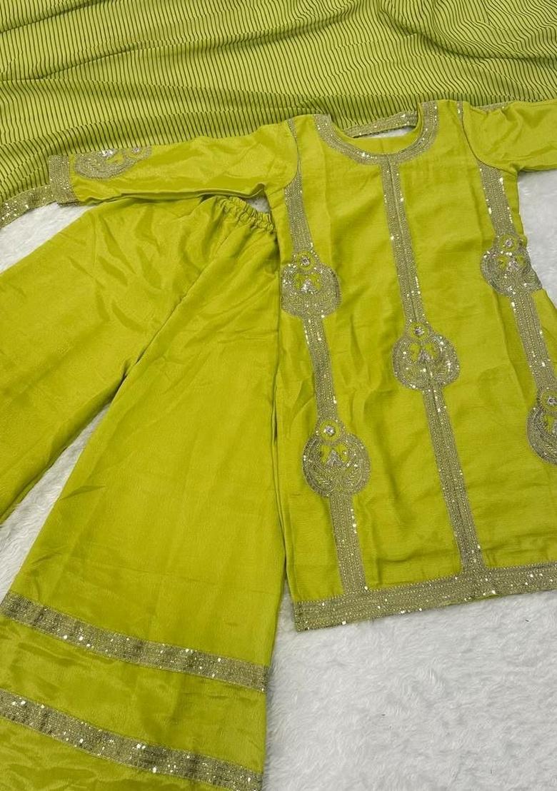 Lime Green Sequin Work Silk Palazzo Set - Indya
