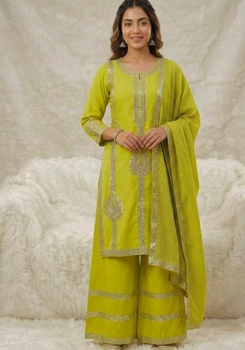 Lime Green Sequin Work Silk Palazzo Set