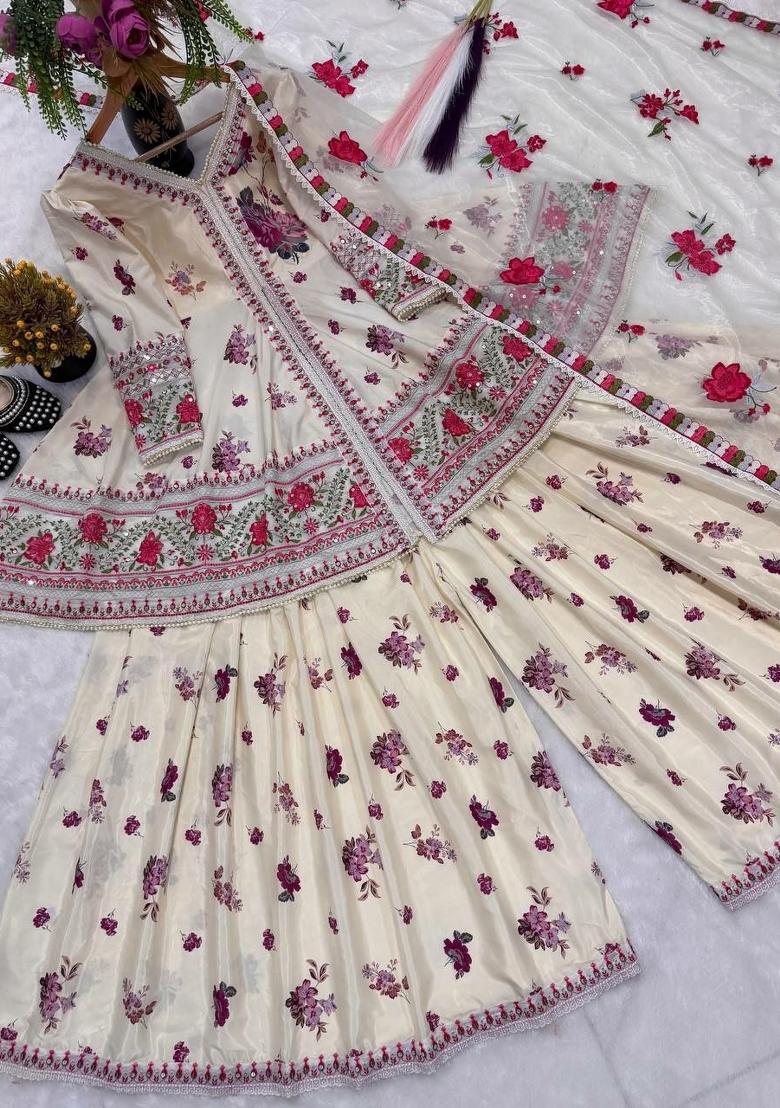 White Embroidered Crepe Sharara Set - Indya