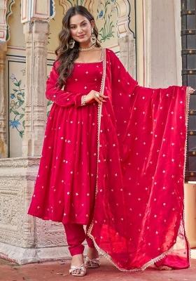 Red Embroidered Silk Blend Anarkali Set