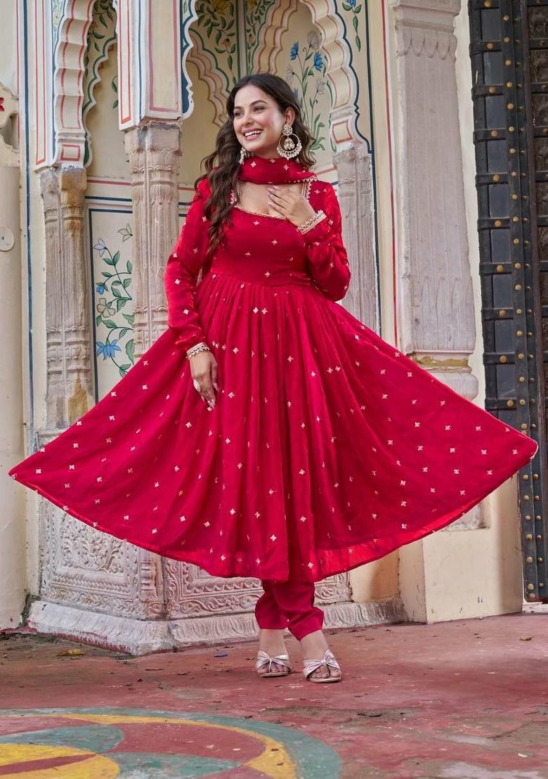 Red Embroidered Silk Blend Anarkali Set - Indya