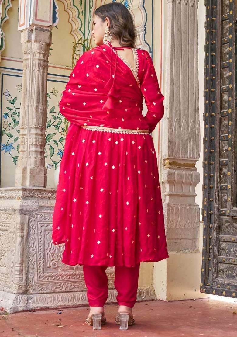 Red Embroidered Silk Blend Anarkali Set - Indya