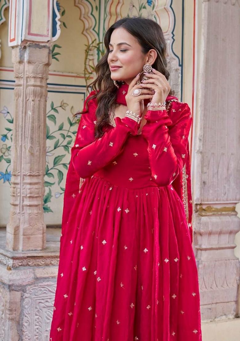 Red Embroidered Silk Blend Anarkali Set - Indya