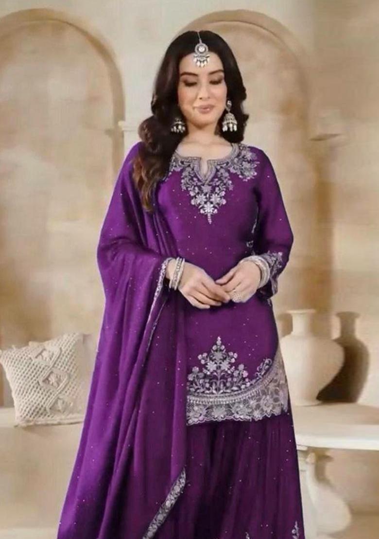 Purple&nbsp; Embroidered Silk Sharara Set - Indya