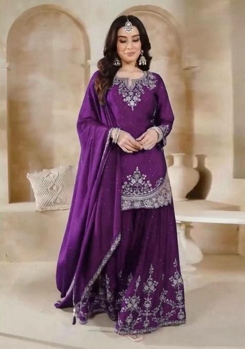 Purple&nbsp; Embroidered Silk Sharara Set