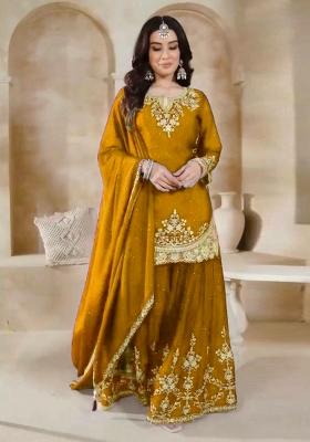 Yellow Embroidered Silk Sharara Set