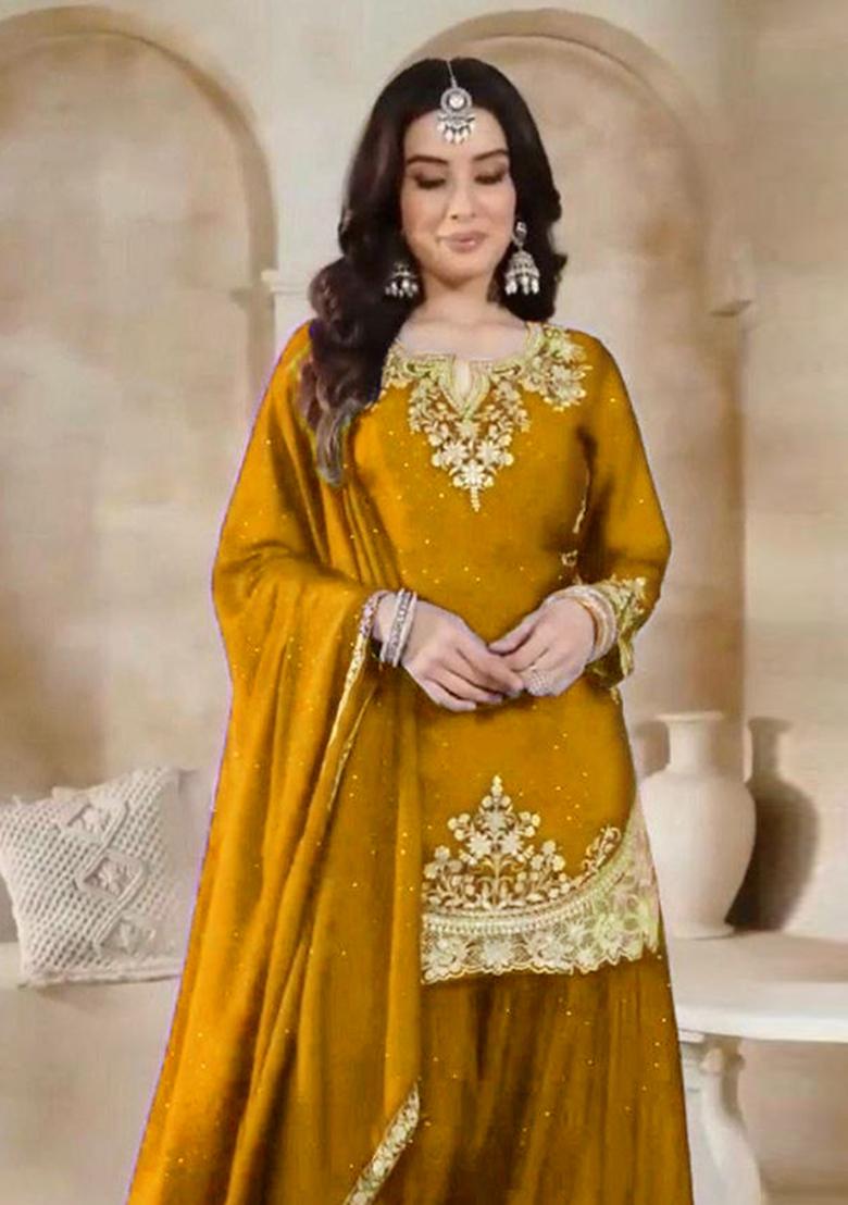 Yellow Embroidered Silk Sharara Set - Indya