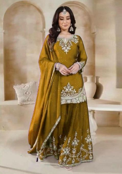 Yellow Embroidered Silk Sharara Set